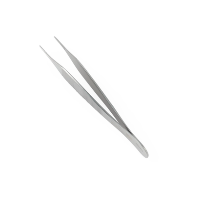 The König Adson Dressing Forceps - 4.75" with cross serrated tip, resembling pointed stainless steel tweezers, is shown on a white background.
