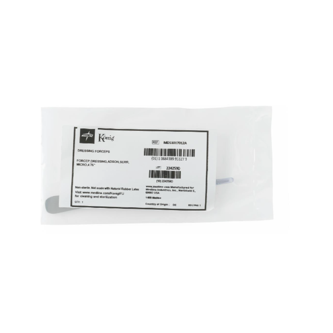 A sealed clear pouch holds one König Adson Dressing Forceps - 4.75" Cross Serrated Tip. The white label shows product info, barcode, and branding, while the stainless steel forceps are partially visible inside this surgical pack.