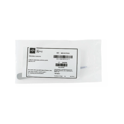 A sealed clear pouch holds one König Adson Dressing Forceps - 4.75" Cross Serrated Tip. The white label shows product info, barcode, and branding, while the stainless steel forceps are partially visible inside this surgical pack.