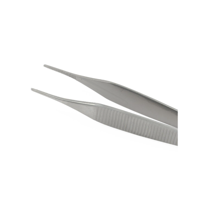 A close-up of two König Adson Dressing Forceps - 4.75" with cross serrated tips and ridged handles, positioned parallel on a white background.