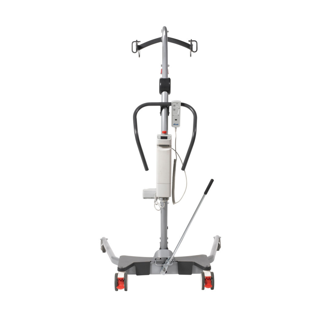 A front view of the Drive Levantar Battery-Powered Patient Floor Lift in gray and black with red caster wheels, central control unit, handles, manual base, and overhead bar for lifting slings to assist with patient transfers.