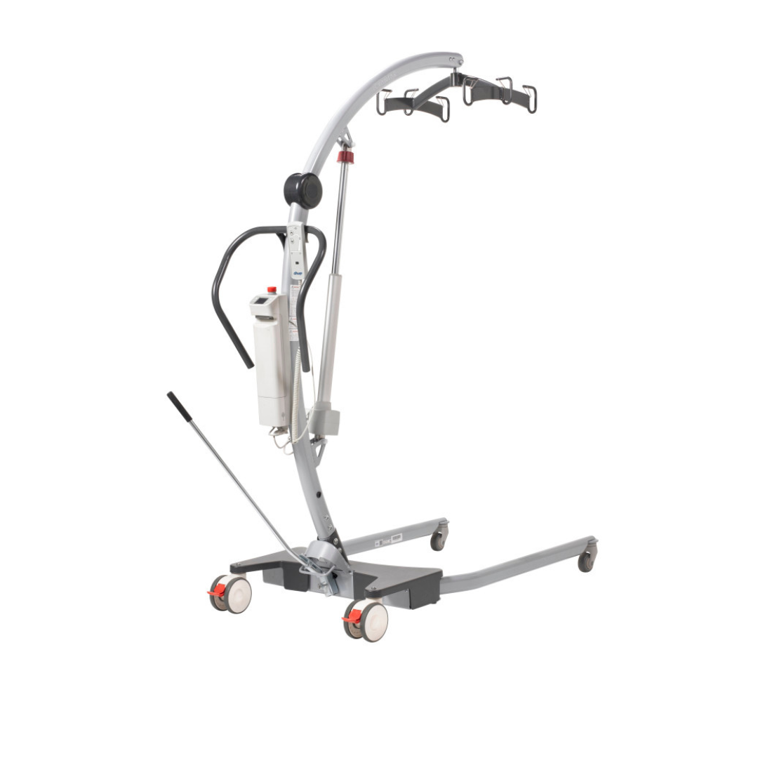 The Drive Levantar Battery-Powered Patient Floor Lift is a gray lift with four wheels, black handles, a manual base, and a curved lifting arm with sling hooks, designed to help caregivers transfer individuals with limited mobility.