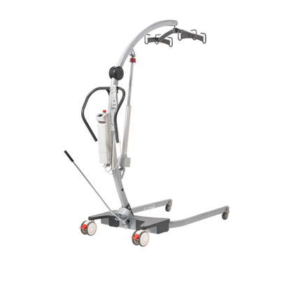 The Drive Levantar Battery-Powered Patient Floor Lift is a gray lift with four wheels, black handles, a manual base, and a curved lifting arm with sling hooks, designed to help caregivers transfer individuals with limited mobility.
