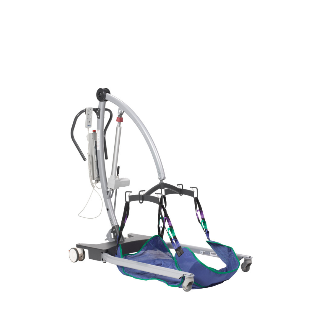 The Drive Levantar Battery-Powered Patient Floor Lift features a metal frame, manual base, large rear wheels, and a blue fabric sling with black straps—designed for caregiver-friendly and safe transfers of individuals with limited mobility.