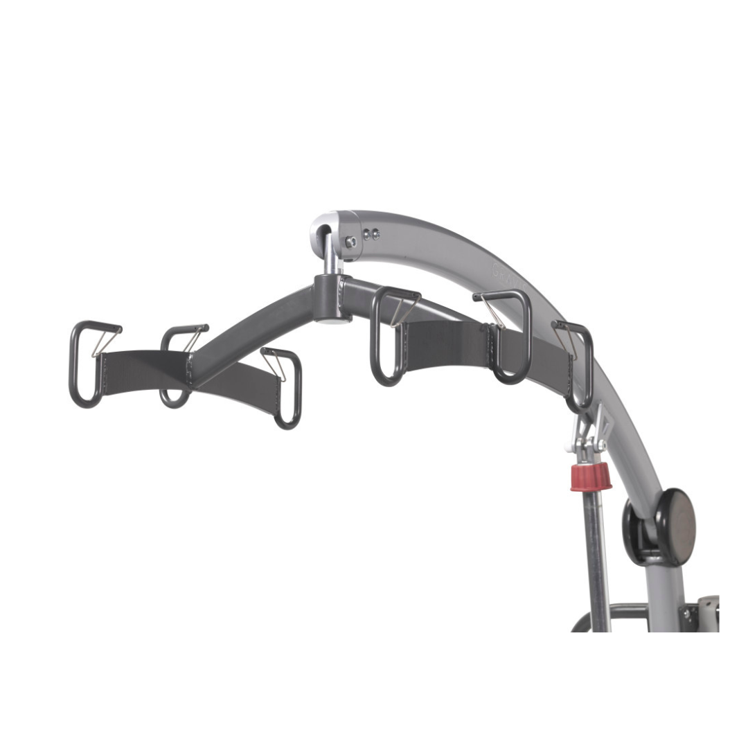 A close-up of the upper section of the Drive Levantar Battery-Powered Patient Floor Lift shows its gray metal arm with four black hooks and sling straps, designed for caregiver-friendly use against a white background.