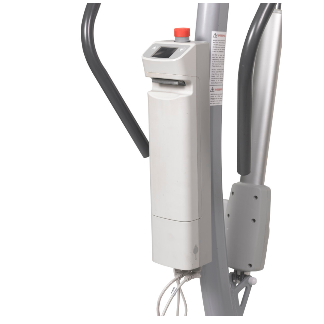 A close-up of the caregiver-friendly control panel on the Drive Levantar Battery-Powered Patient Floor Lift, featuring a red emergency stop button, display screen, and curved black handles.