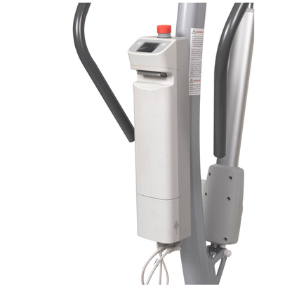 A close-up of the caregiver-friendly control panel on the Drive Levantar Battery-Powered Patient Floor Lift, featuring a red emergency stop button, display screen, and curved black handles.