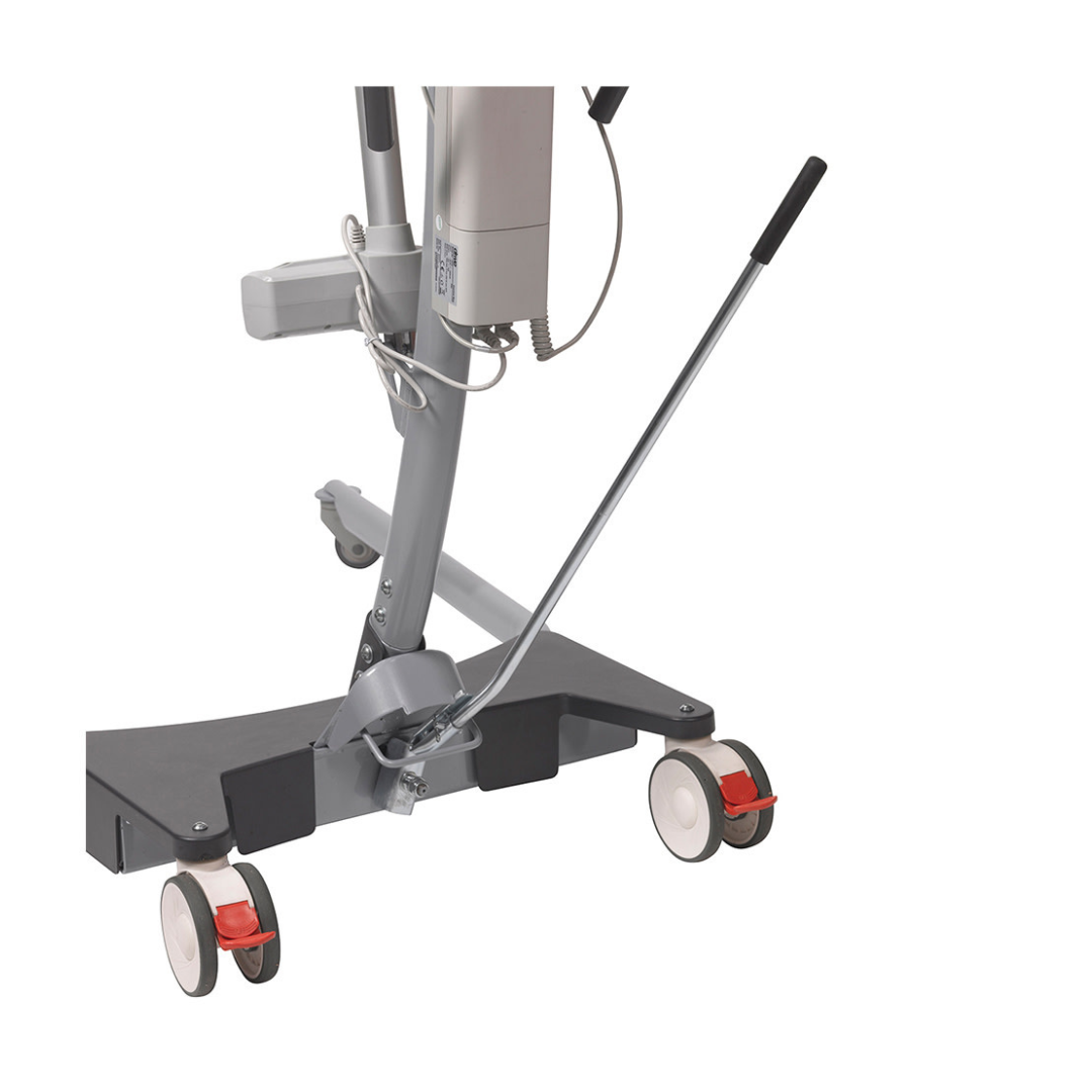 A close-up of the Drive Levantar Battery-Powered Patient Floor Lift shows its grey base and four caster wheels, two with red foot brakes—designed to be easy for caregivers to use.