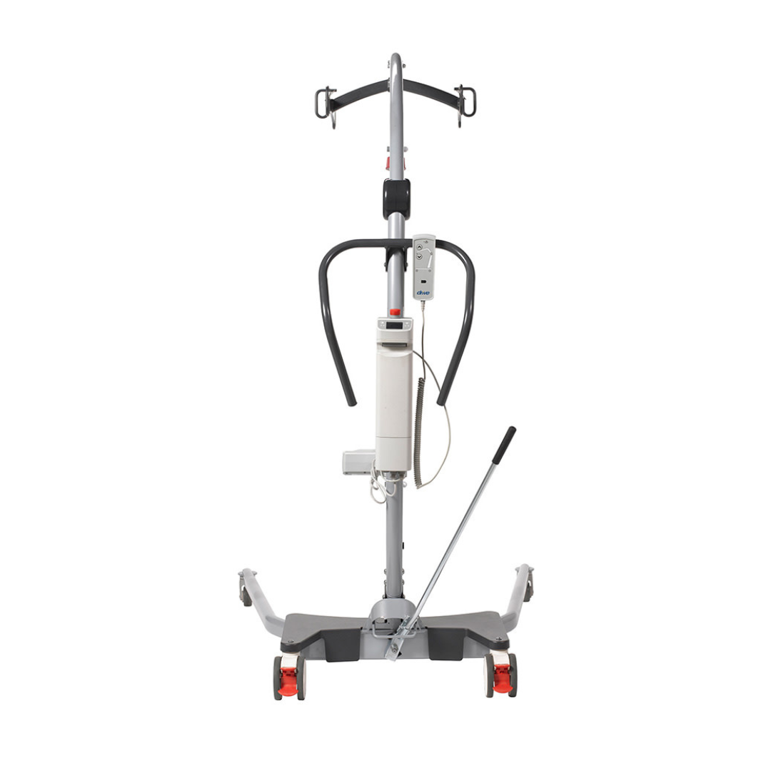 A front view of the Drive Levantar Battery-Powered Patient Floor Lift shows its metal frame, padded handles, lifting arm, control box, wheeled Manual Base with red brakes, and an adjustable leg support featuring a black lever.