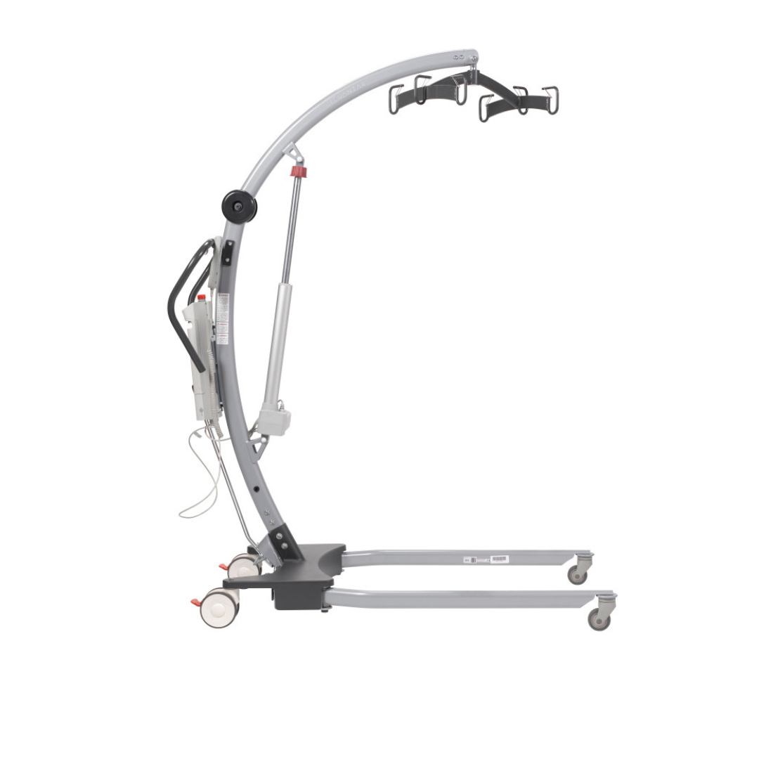 A side view of the Drive Levantar Battery-Powered Patient Floor Lift, featuring a metal frame, wheels, and an overhead arm with hooks for slings, designed to help caregivers safely lift and transfer individuals with limited mobility.