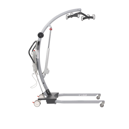 A side view of the Drive Levantar Battery-Powered Patient Floor Lift, featuring a metal frame, wheels, and an overhead arm with hooks for slings, designed to help caregivers safely lift and transfer individuals with limited mobility.