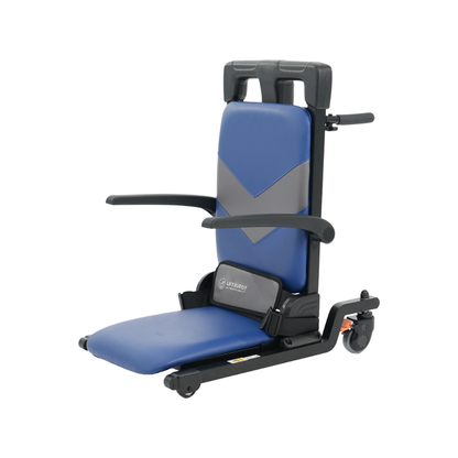 A blue padded evacuation chair with black frame, armrests, backrest, and rear wheels, designed for transporting individuals with mobility needs—an ideal companion to the Lift Buddy Motorized Floor to Seat Fall Recovery Patient Lift Chair for comprehensive fall recovery support.