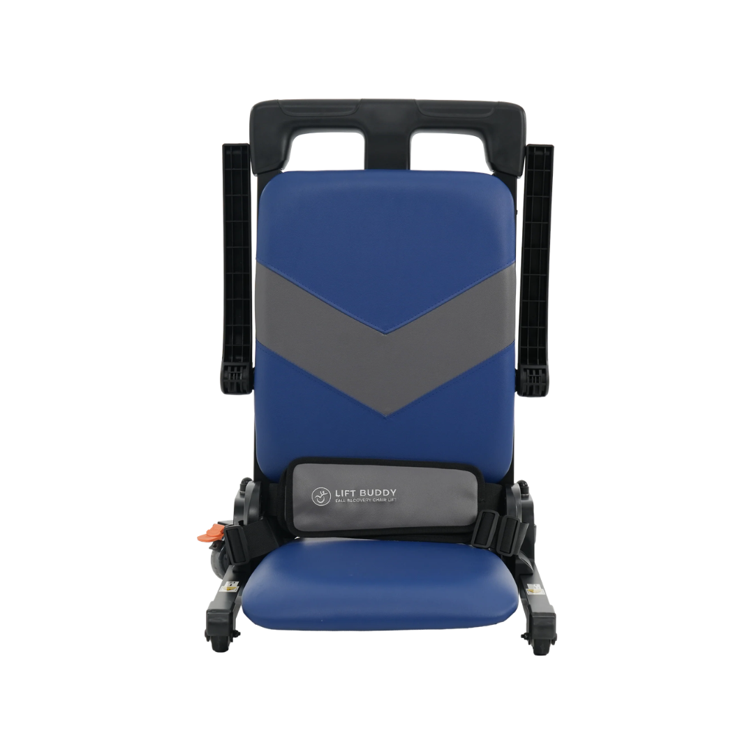 A blue and gray Lift Buddy Motorized Floor to Seat Fall Recovery Patient Lift Chair, equipped with black armrests and a black adjustable safety belt, is designed for safe emergency evacuation and floor-to-seat lifts; it is shown against a white background.