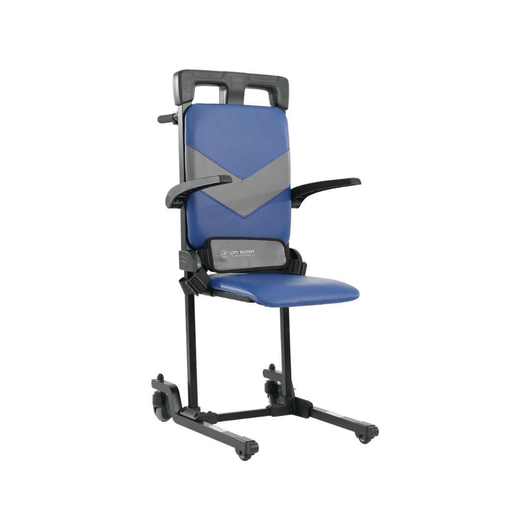 The Lift Buddy Motorized Floor to Seat Fall Recovery Patient Lift Chair is a blue and black evacuation chair featuring wheels, armrests, and a backrest, specifically designed to assist individuals during emergencies. Inspired by the capabilities of a Floor-to-Seat Lift, this lightweight and foldable chair ensures convenient transport and storage. The product is shown against a white background.