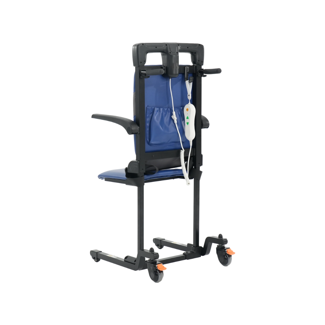 A blue and black Lift Buddy Motorized Floor to Seat Fall Recovery Patient Lift Chair with wheels, armrests, and a remote control attached to the back, designed for patient mobility or transfers.