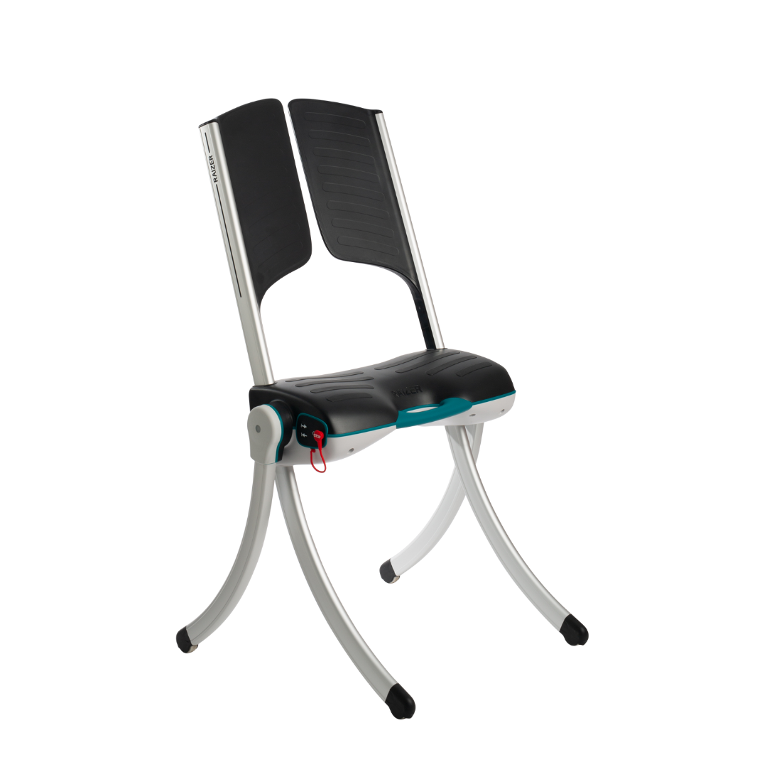 The LiftUp Raizer II is a modern chair with a split black seat and backrest, a curved silver metal frame with black-capped feet, red pull tab, blue accent under the seat, and includes a warranty for peace of mind.