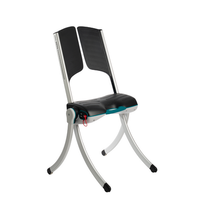 The LiftUp Raizer II is a modern chair with a split black seat and backrest, a curved silver metal frame with black-capped feet, red pull tab, blue accent under the seat, and includes a warranty for peace of mind.