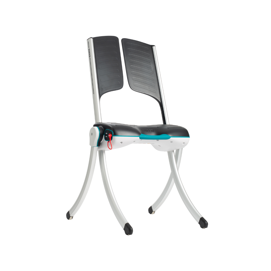 The LiftUp Raizer II is a modern, foldable chair with a split black backrest, cushioned black seat, white frame, teal accent, wheels on each curved leg, and comes with a user manual for easy setup.