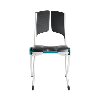 The LiftUp Raizer II is a compact, lightweight chair with a black seat and backrest, silver metal legs, teal accents, and a unique split back design—see the included brochure for details.