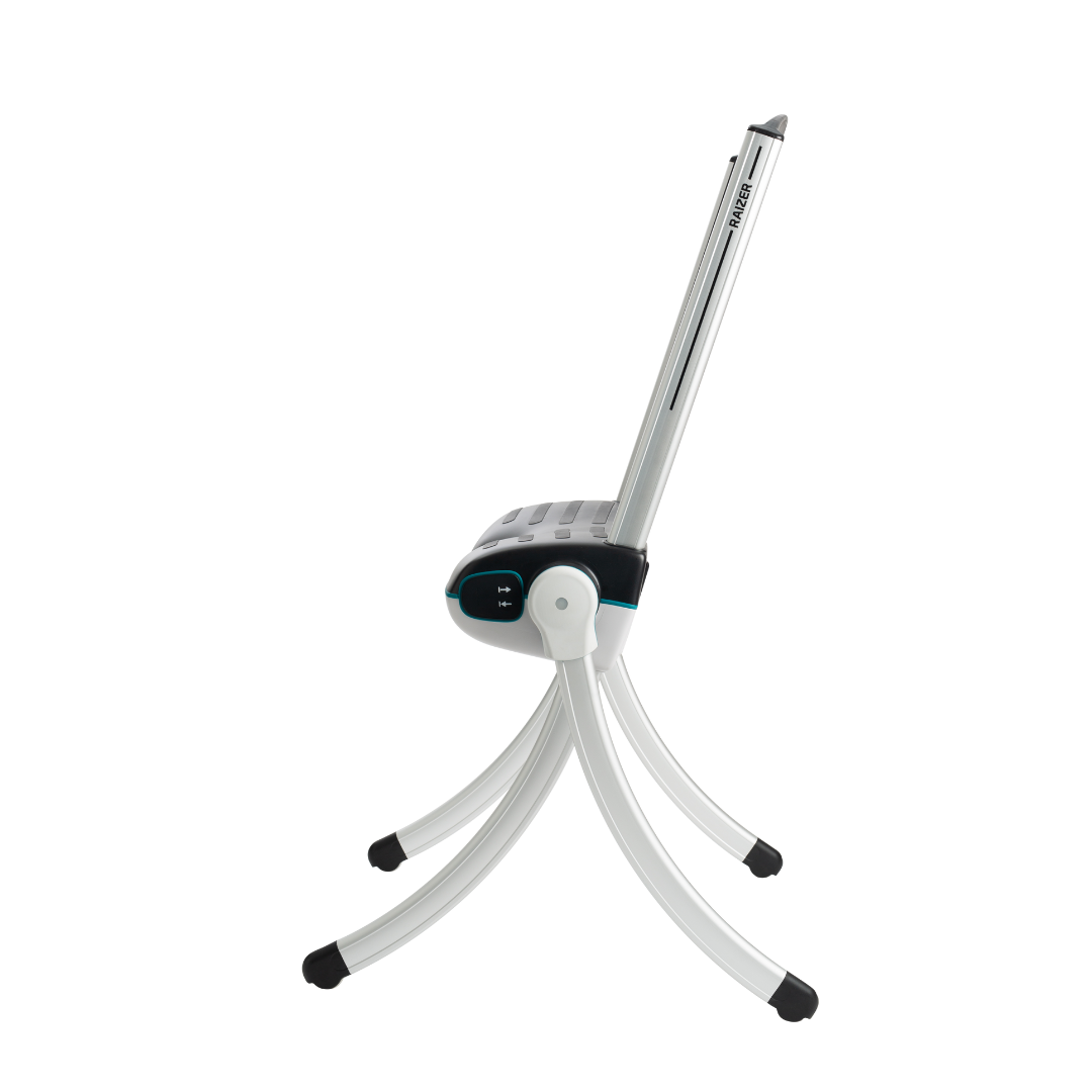 The LiftUp Raizer II, a modern white folding chair with a curved frame, black seat, and four arched legs, is shown in side profile on a plain white background. Full specifications and user manual are included.