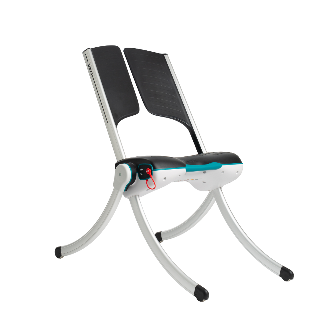 The LiftUp Raizer II features a modern, unique design with a split backrest, curved silver legs, a black seat with white and blue accents, and a red latch. Detailed specifications are included in the user manual.