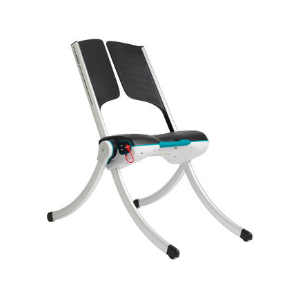 The LiftUp Raizer II features a modern, unique design with a split backrest, curved silver legs, a black seat with white and blue accents, and a red latch. Detailed specifications are included in the user manual.