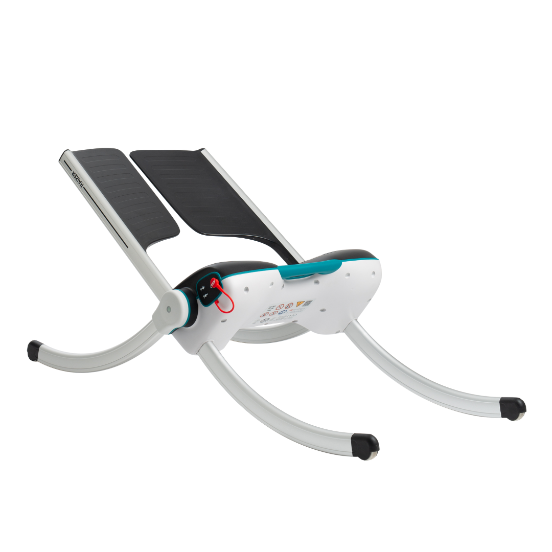 The LiftUp Raizer II is a modern, curved exercise device with black foot platforms, a white frame, and a red resistance knob for leg or core workouts. Warranty details and specs are provided in the user manual.