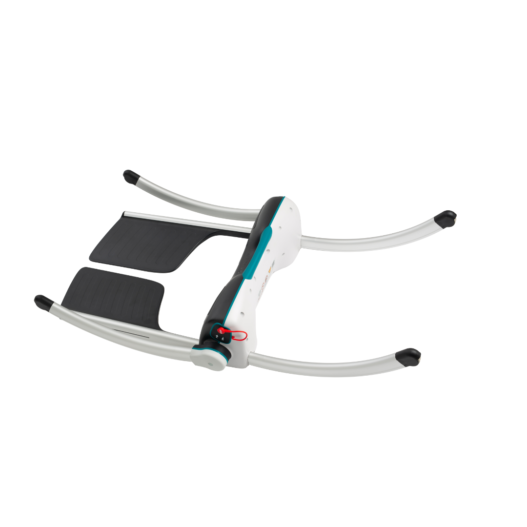 The LiftUp Raizer II features a white and teal frame with two curved metal legs, black rubber end caps, and dual black seat supports. Shown on a white background. Refer to the user manual for full specs and warranty details.