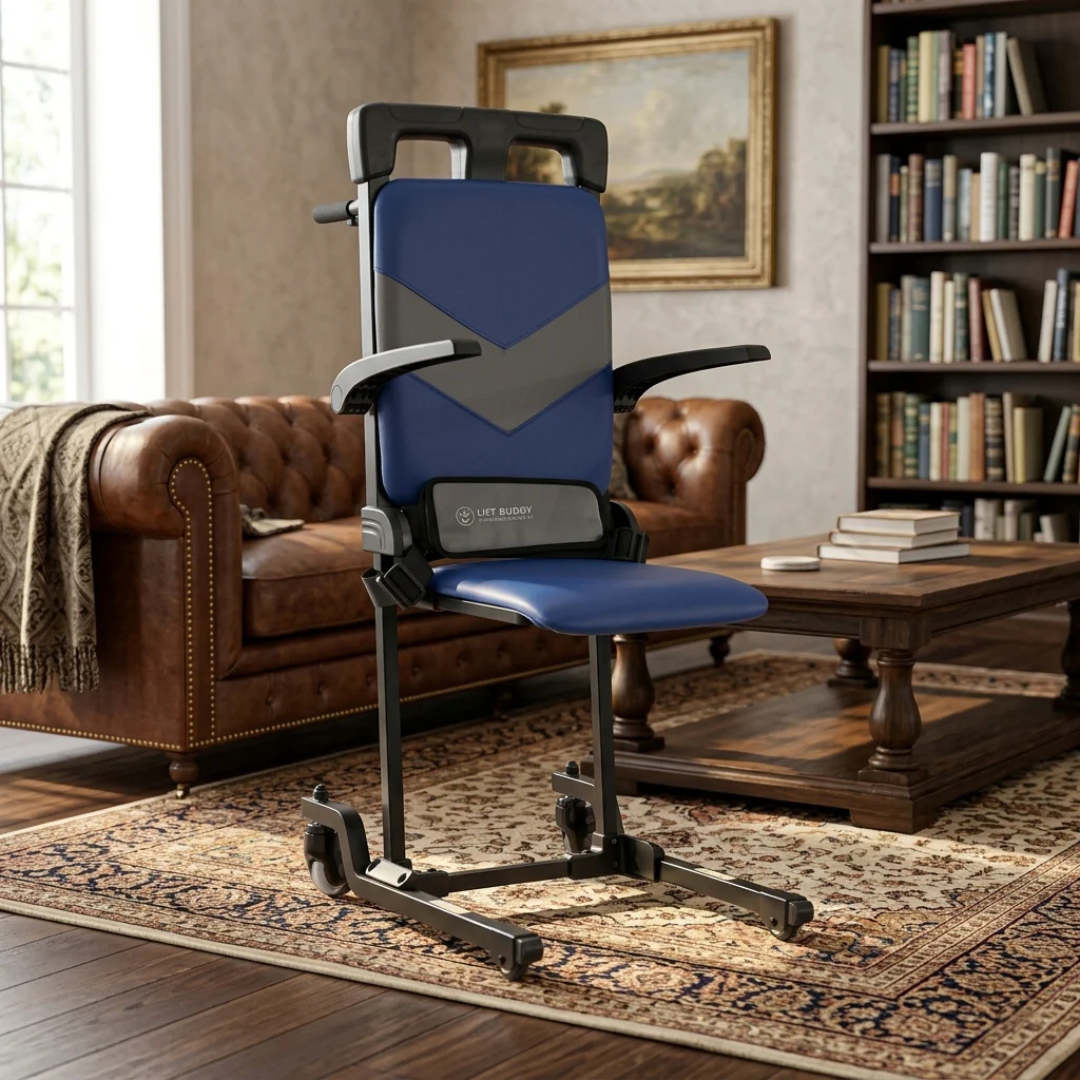 The Lift Buddy Motorized Floor to Seat Fall Recovery Patient Lift Chair, a modern blue evacuation chair equipped with wheels and armrests, sits on a patterned rug in a classic library room featuring a brown leather sofa, bookshelves, framed painting, and wooden coffee table. Sunlight enters through a window.