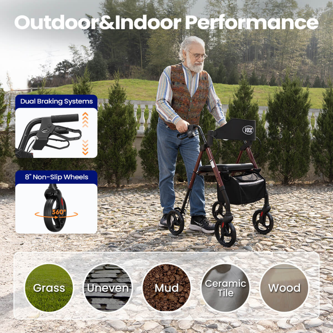 An older man uses a Lightweight Folding 4-Wheel Rollator | VOCIC Z21 with large wheels on a cobblestone path outdoors. This reliable mobility aid features dual braking systems, 8 non-slip wheels, and smoothly navigates surfaces such as grass, mud, ceramic tile, wood, and uneven ground.