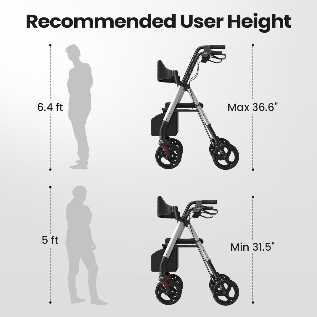 Diagram showing recommended user heights for the Lightweight Folding 4-Wheel Rollator | VOCIC Z21: suitable for users up to 6.4 ft tall with a handle height of 36.6 inches, and as short as 5 ft with a handle height of 31.5 inches. Two walker images, including the Lightweight Folding 4-Wheel Rollator | VOCIC Z21, are displayed alongside user silhouettes.