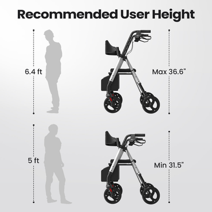 Diagram showing recommended user heights for the Lightweight Folding 4-Wheel Rollator | VOCIC Z21: suitable for users up to 6.4 ft tall with a handle height of 36.6 inches, and as short as 5 ft with a handle height of 31.5 inches. Two walker images, including the Lightweight Folding 4-Wheel Rollator | VOCIC Z21, are displayed alongside user silhouettes.