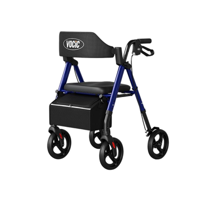 A blue Lightweight Folding 4-Wheel Rollator | VOCIC Z21, designed for dependable mobility, features four wheels, a padded seat, a black backrest with the VOCIC logo, easy-to-use hand brakes, and a storage pouch under the seat—all displayed against a white background.