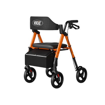 An orange Lightweight Folding 4-Wheel Rollator | VOCIC Z21, this mobility aid features four black wheels, a padded seat, a black storage bag underneath, and a curved backrest displaying the VOCIC brand name.