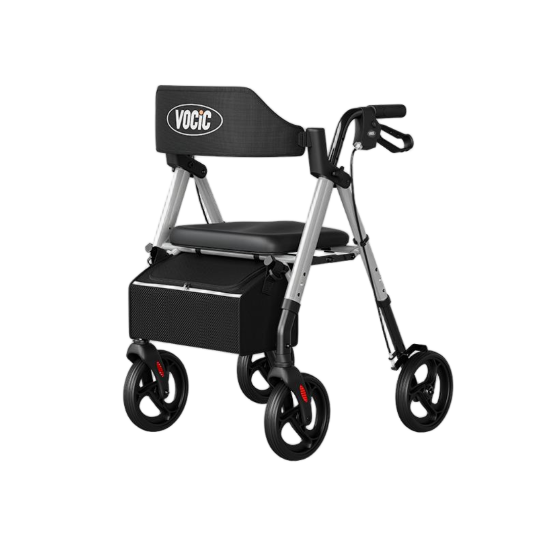 Lightweight Folding 4-Wheel Rollator | VOCIC Z21 in black and silver, featuring a cushioned seat, storage pouch, backrest, hand brakes, and adjustable handles for comfortable and reliable mobility support.