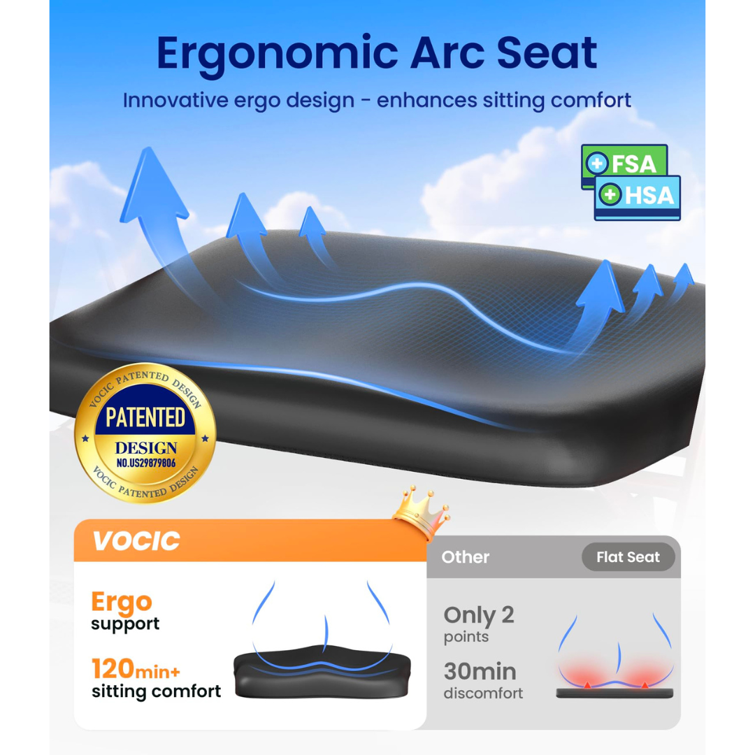 Ergonomic black seat cushion with blue arrows demonstrating airflow, labeled “Ergonomic Arc Seat.” The comparison emphasizes improved support and comfort over a flat seat—perfect for enhancing your experience with the Lightweight Folding 4-Wheel Rollator | VOCIC Z21 or any mobility aid. Visible FSA/HSA eligible and patented design badges.