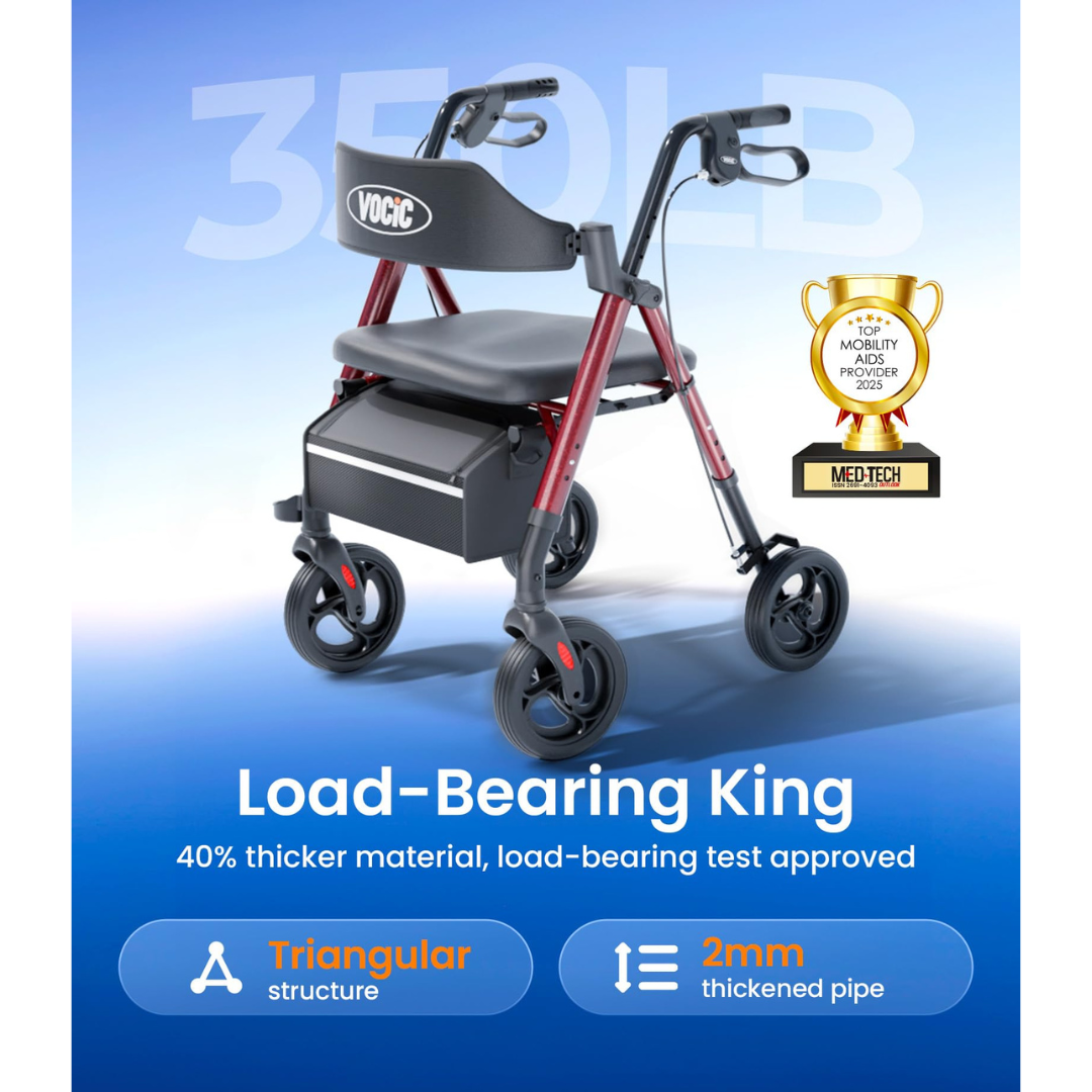 The Lightweight Folding 4-Wheel Rollator | VOCIC Z21, displayed in red and black as the “Load-Bearing King,” features a stable triangular structure and durable 2mm thickened pipe, supporting up to 350 lb. It is shown with a Med-Tech Innovation award badge.