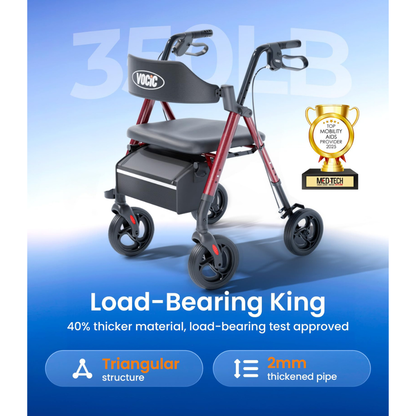 The Lightweight Folding 4-Wheel Rollator | VOCIC Z21, displayed in red and black as the “Load-Bearing King,” features a stable triangular structure and durable 2mm thickened pipe, supporting up to 350 lb. It is shown with a Med-Tech Innovation award badge.