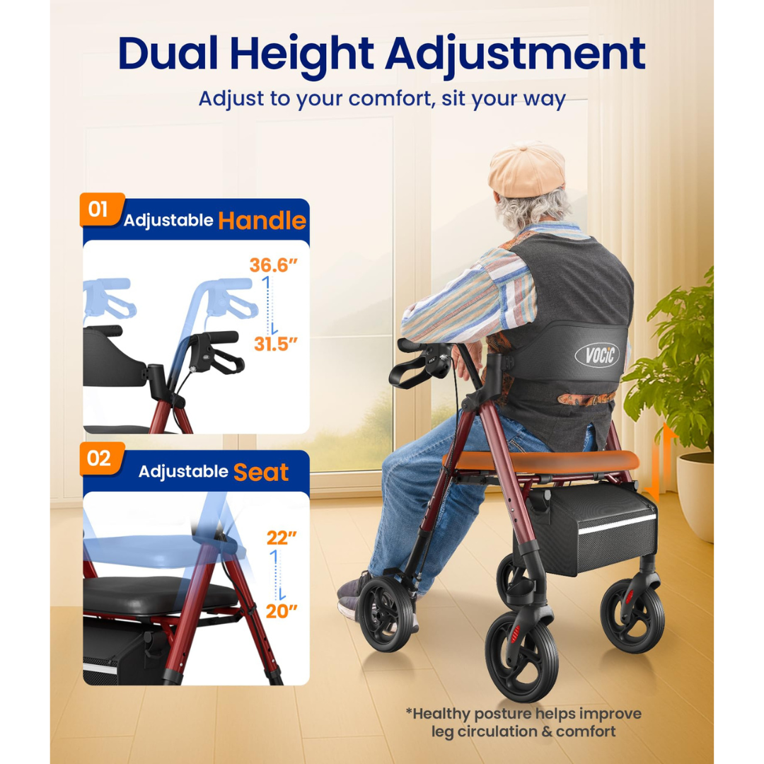 A person is using the Lightweight Folding 4-Wheel Rollator | VOCIC Z21, featuring dual height adjustments for both the handle (31.5-36.6 inches) and seat (19-22 inches), to support comfort and healthy posture in a bright living room setting.