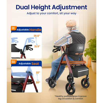 A person is using the Lightweight Folding 4-Wheel Rollator | VOCIC Z21, featuring dual height adjustments for both the handle (31.5-36.6 inches) and seat (19-22 inches), to support comfort and healthy posture in a bright living room setting.
