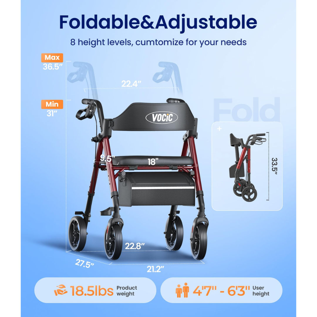 Lightweight Folding 4-Wheel Rollator | VOCIC Z21 in red features adjustable height (31–36.5″), a black seat, storage bag, large wheels, and folds for easy transport. Image displays product dimensions, folded design (weighs 18.5 lbs), recommended user height of 47–63″, with blue background and text.