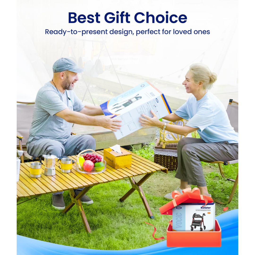 Two smiling adults sit outdoors at a table. The woman hands the man a boxed gift featuring the Lightweight Folding 4-Wheel Rollator | VOCIC Z21. Text above reads, Best Gift Choice—Ready-to-present design, perfect for loved ones.