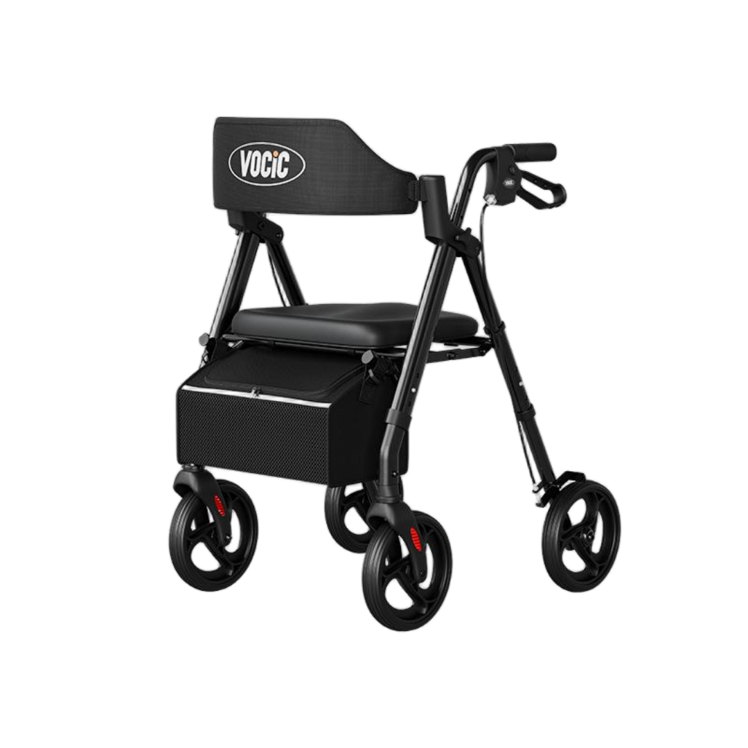 Lightweight Folding 4-Wheel Rollator | VOCIC Z21 in black, featuring a built-in seat, cushioned backrest with “VOCIC” printed on it, hand brakes, and a storage bag underneath the seat. The product is shown against a white background.