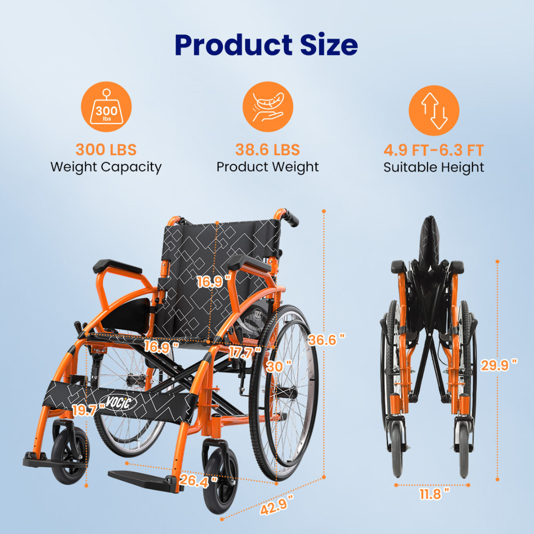 Two orange and black Lightweight Folding Manual Wheelchair | VOCIC U31 units—one open and one folded—showcase their dimensions and key features: 300 lb weight capacity, 38.6 lb product weight, and suitability for users between 4.9 ft to 6.3 ft tall. These VOCIC U31 wheelchairs are lightweight, easily foldable manual models with clearly marked measurements for convenient reference.