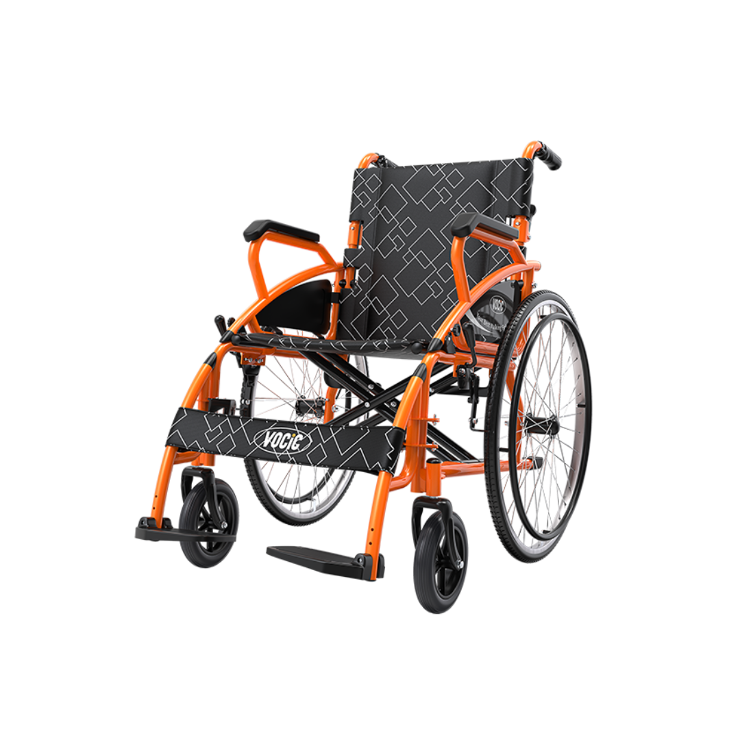 The Lightweight Folding Manual Wheelchair | VOCIC U31 is a visually striking orange and black manual wheelchair with geometric patterns, designed with large rear wheels, small front wheels, armrests, and a foldable footrest. It is presented against a white background.