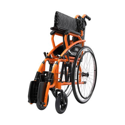 The Lightweight Folding Manual Wheelchair | VOCIC U31 is a modern, lightweight folding wheelchair with an orange frame, black seat, and backrest. Shown from a rear side angle, the footrests are elevated and the wheelchair is partially folded for compact storage or transport.