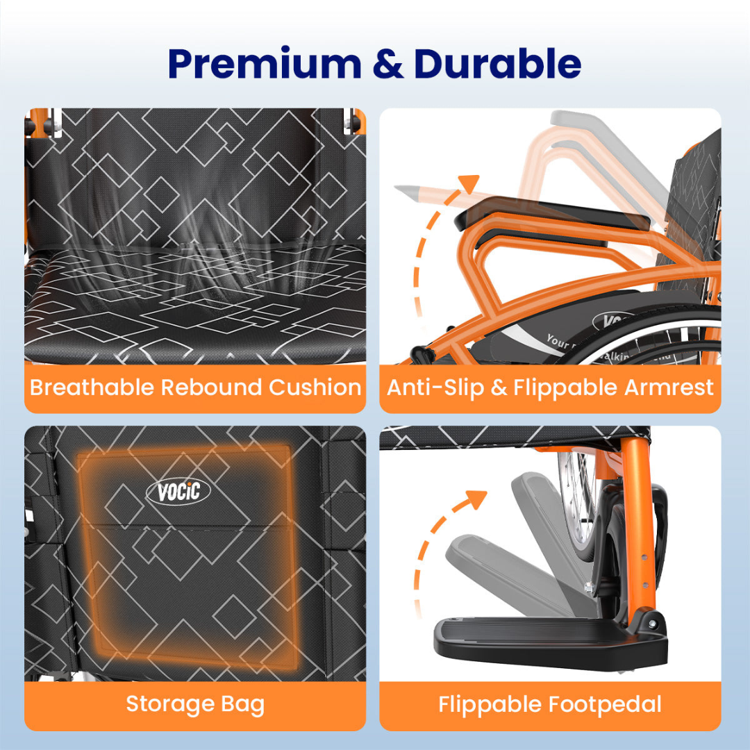 Four labeled images showcase the features of the Lightweight Folding Manual Wheelchair | VOCIC U31: a breathable seat cushion, an anti-slip flippable armrest, a storage bag, and a flippable foot pedal. Each feature of this manual wheelchair is visually highlighted with text and accent details.