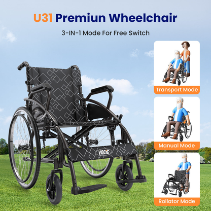 Lightweight Folding Manual Wheelchair | VOCIC U31 shown outdoors on grass, with text and icons highlighting its 3-in-1 versatility: Transport, Manual, and Rollator modes. Three illustrated diagrams display the lightweight folding wheelchair in various configurations to showcase its adaptability.