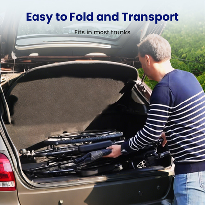 A man places a folded Lightweight Folding Manual Wheelchair | VOCIC U31 into the open trunk of a car. Text above him reads, Easy to Fold and Transport. Fits in most trunks.