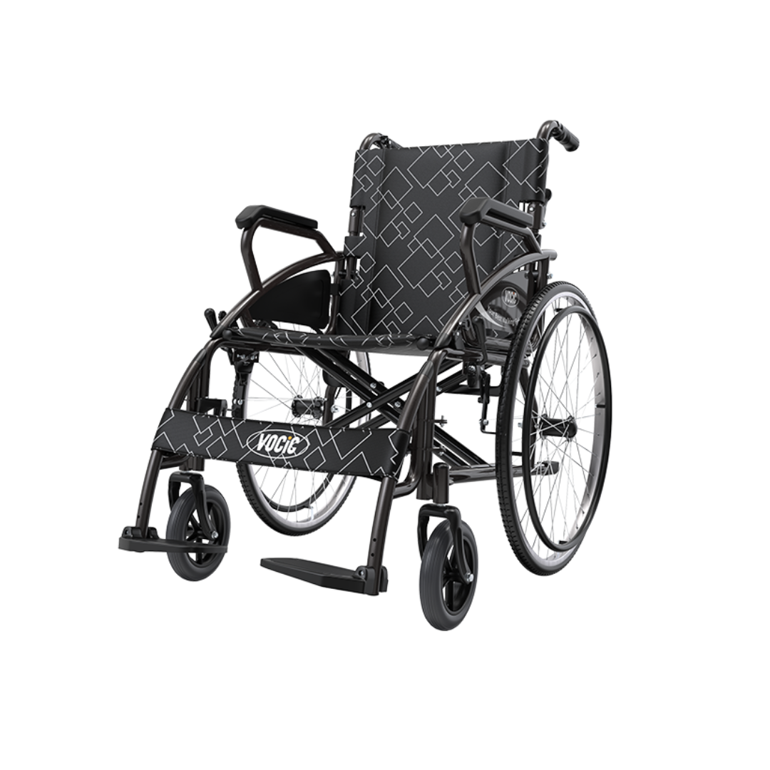 A Lightweight Folding Manual Wheelchair | VOCIC U31 in black with a geometric white pattern, featuring armrests, large rear wheels, small front wheels, and footrests; the word “VOICE” is printed on the front crossbar.